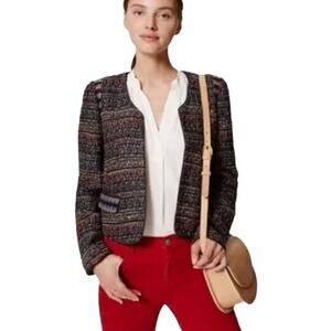 LOFT Navy Red Gray Textured Tweed Open Front Crop Jacket Size 6